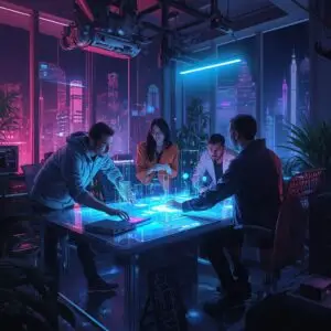 lucid origin a dynamic scene featuring digital designers collaborating on a holographic scree 0